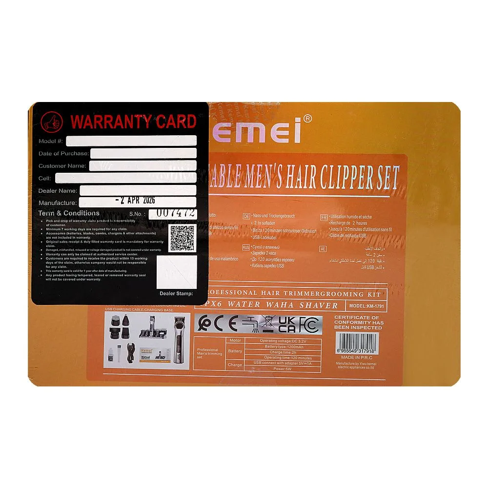 Comfortable casual kemei 14in1 rechargeable hair clipper set, 1200mah battery, 120 minutes runtime, km-1791