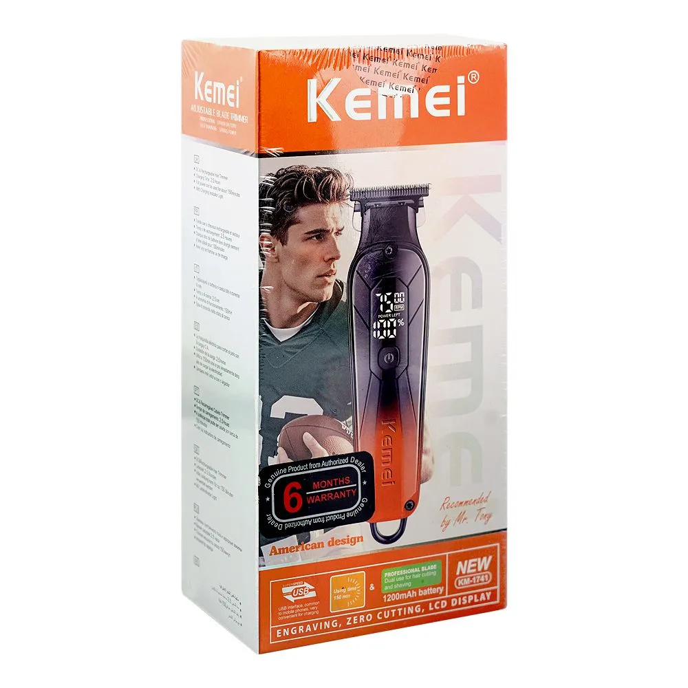 Side view of kemei lcd display professional hair trimmer, 1200mah battery, 150 minutes runtime, km-1741