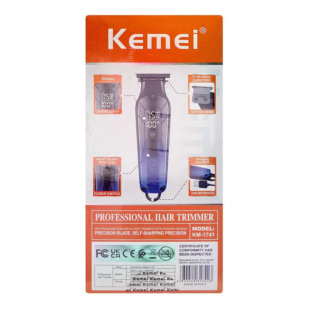 Close-up design of kemei lcd display professional hair trimmer, 1200mah battery, 150 minutes runtime, km-1741