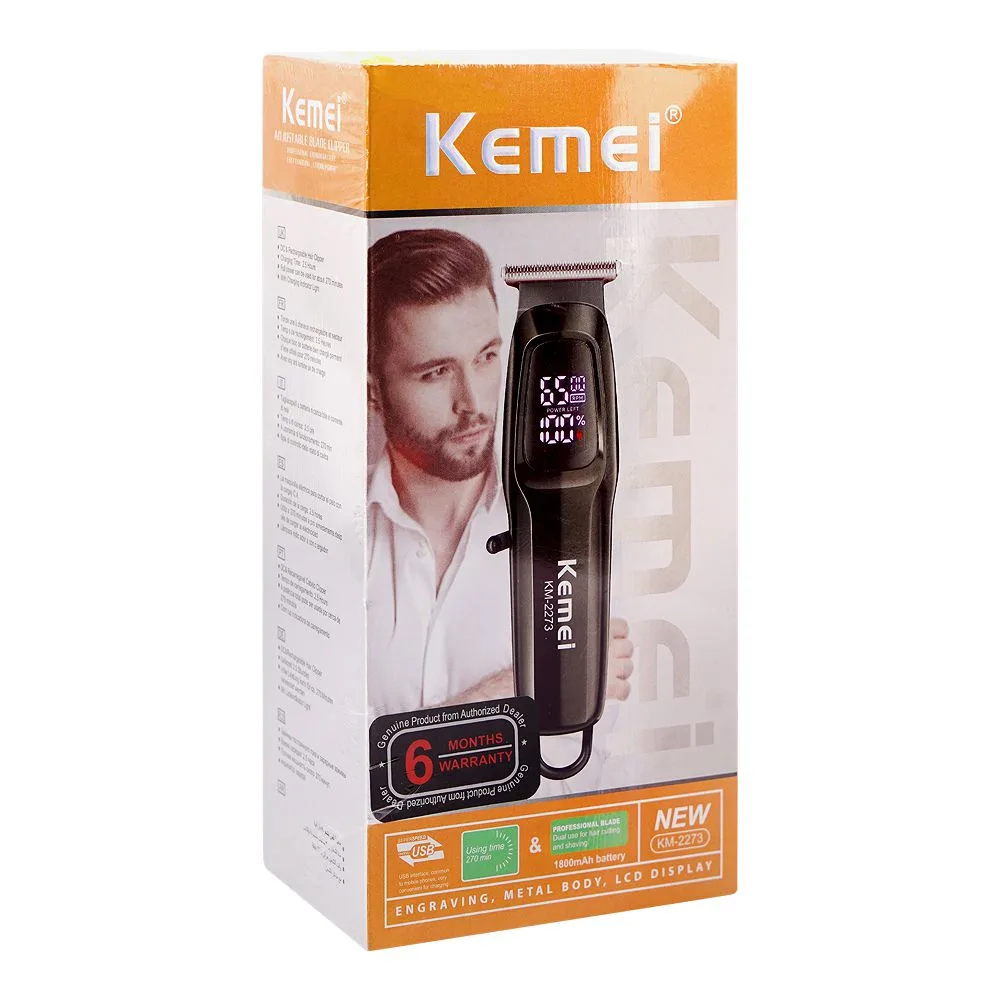 Side view of kemei lcd display professional hair trimmer, 1800mah battery, 270 minutes runtime, km-2273