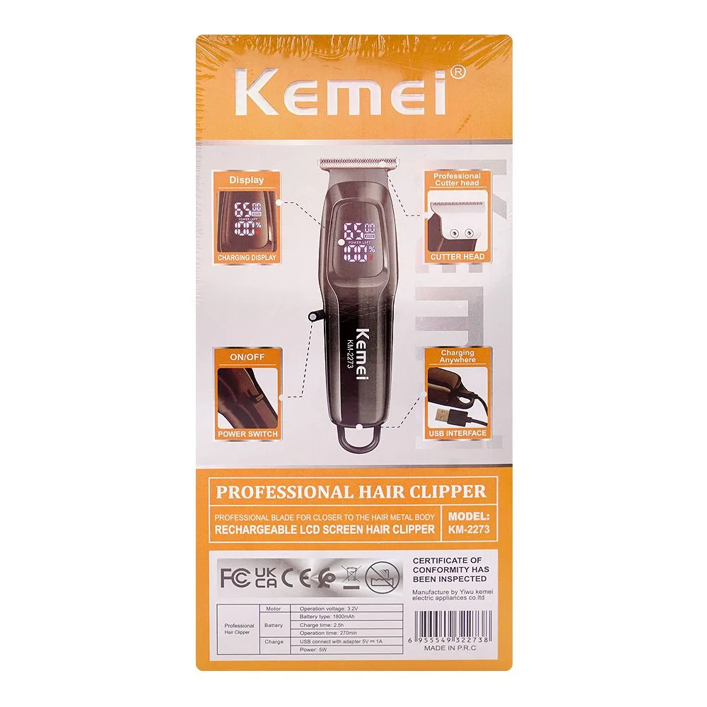 Close-up design of kemei lcd display professional hair trimmer, 1800mah battery, 270 minutes runtime, km-2273