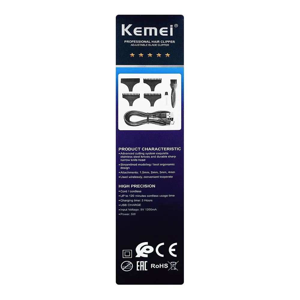 Side view of kemei professional hair clipper/trimmer, 4 combs, km-t9d