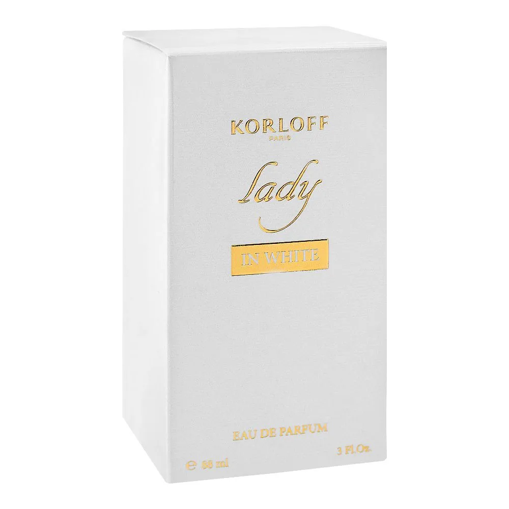 Side view of korloff lady in white, eau de parfum, for women, 88ml
