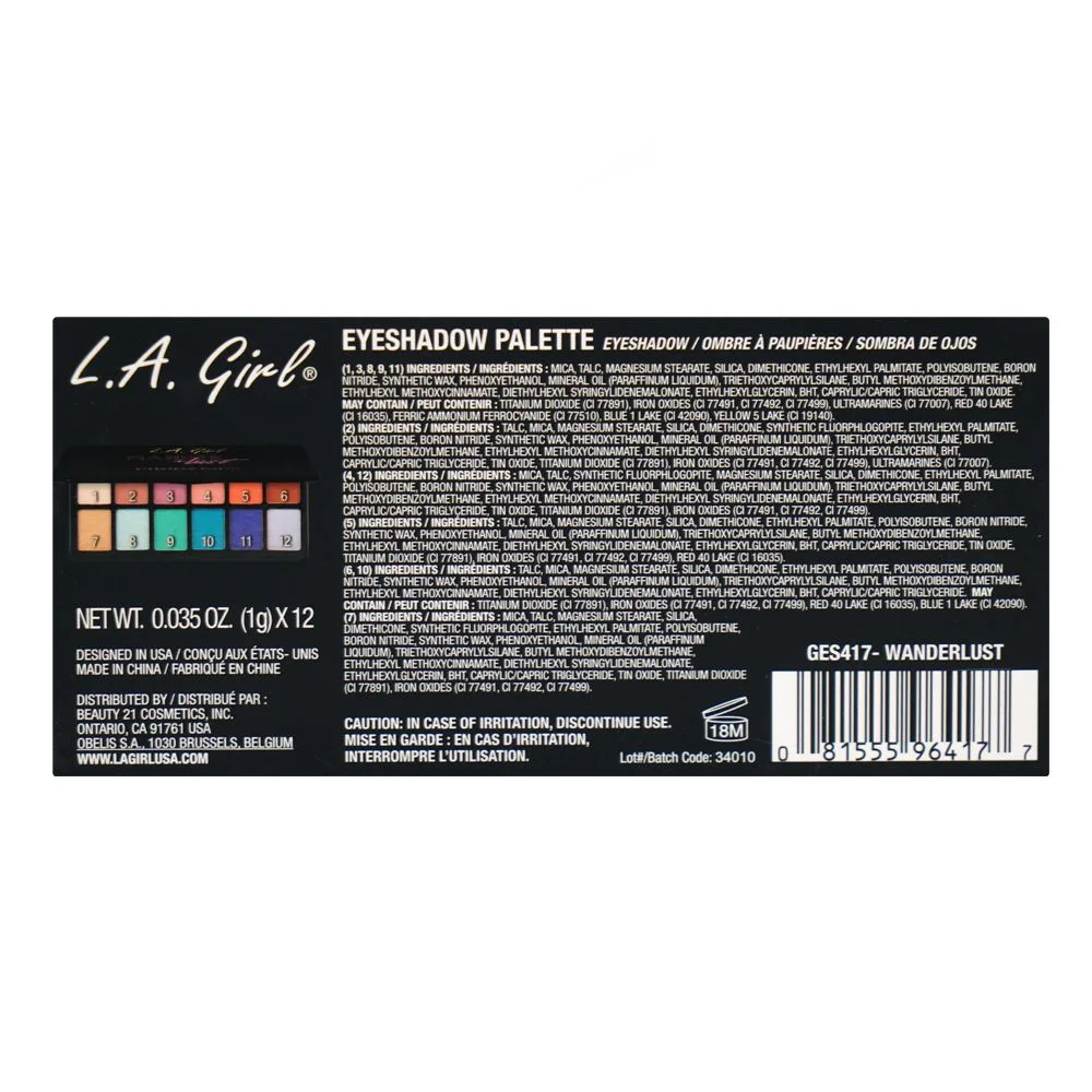L.A. Girl Fanatic Eyeshadow Palette, 12 Shades, GES417 Wanderlust shades and color detail
