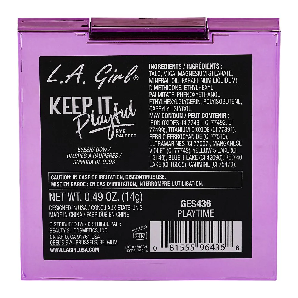 L.A. Girl Keep It Playful Eyeshadow Palette, GES436 Playtime, 14g 9-Pack shades and color detail