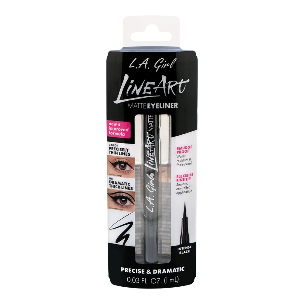 Side view of l.a. girl line art matte eyeliner, gle71228 intense black, 1ml