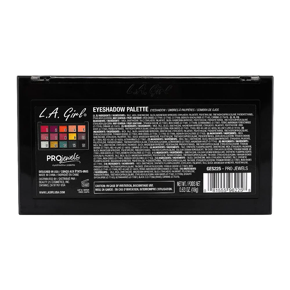 L.A. Girl Pro Jewels Eyeshadow Palette, GES225 Pro-Jewels, 18g 15-Pack shades and color detail