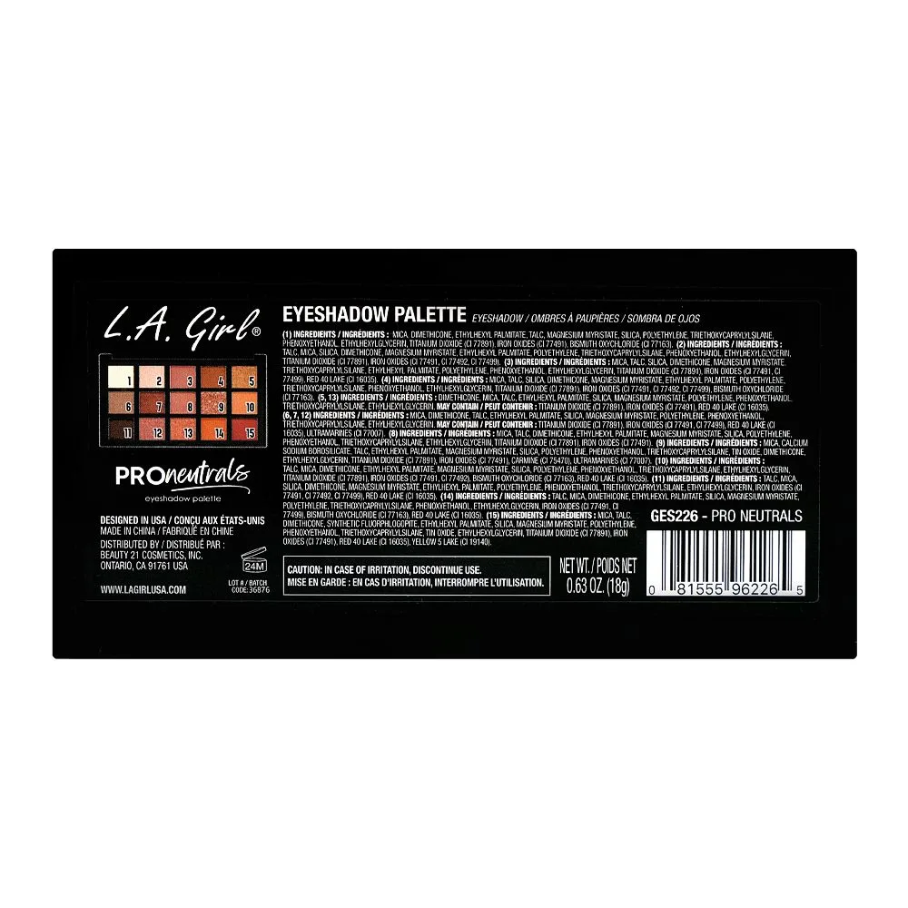 L.A. Girl Pro Neutrals Eyeshadow Palette, GES226 Pro-Neutrals 15-Pack shades and color detail