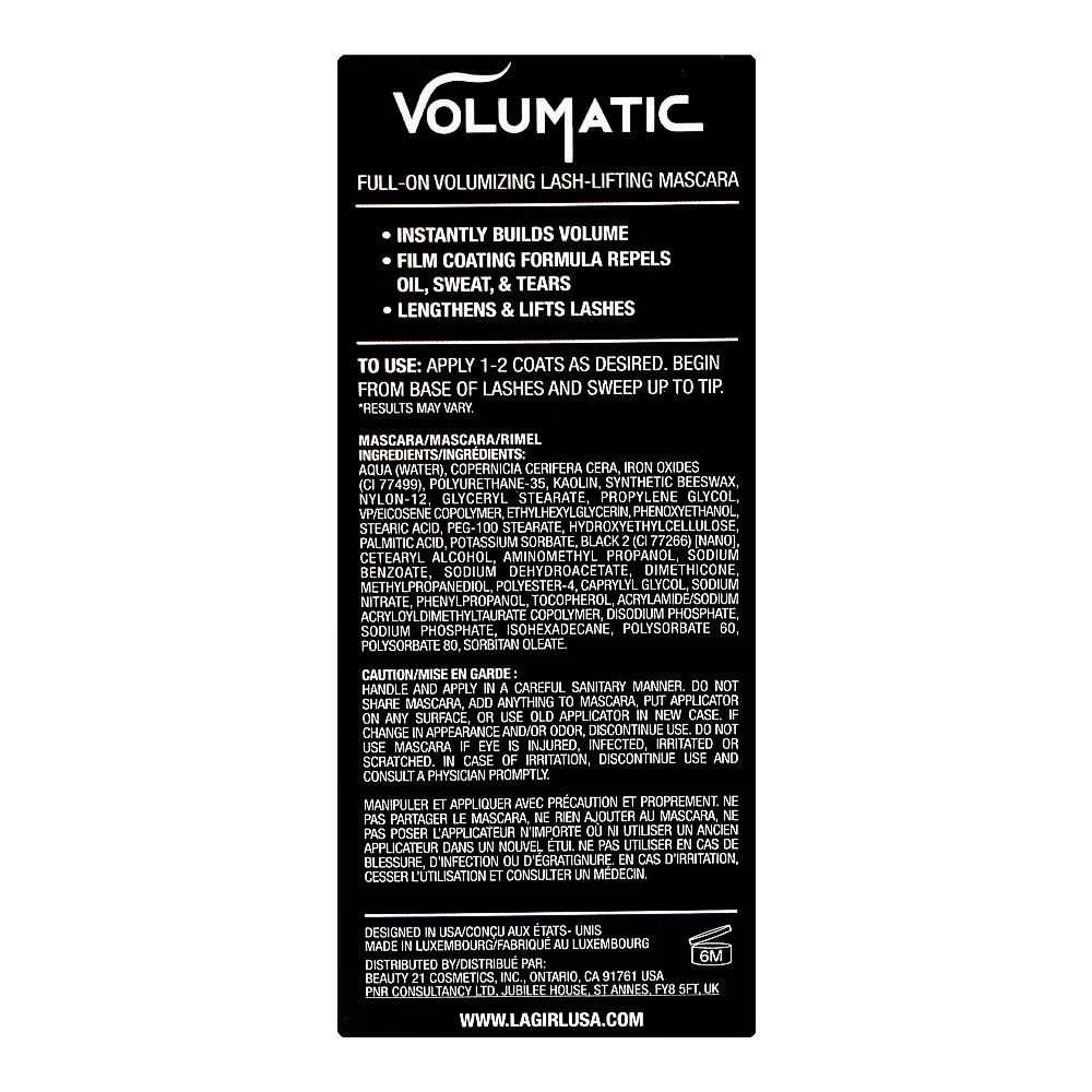 Close-up design of l.a. girl volumatic extreme lash-lifting mascara, gms651 ultra black, 10ml
