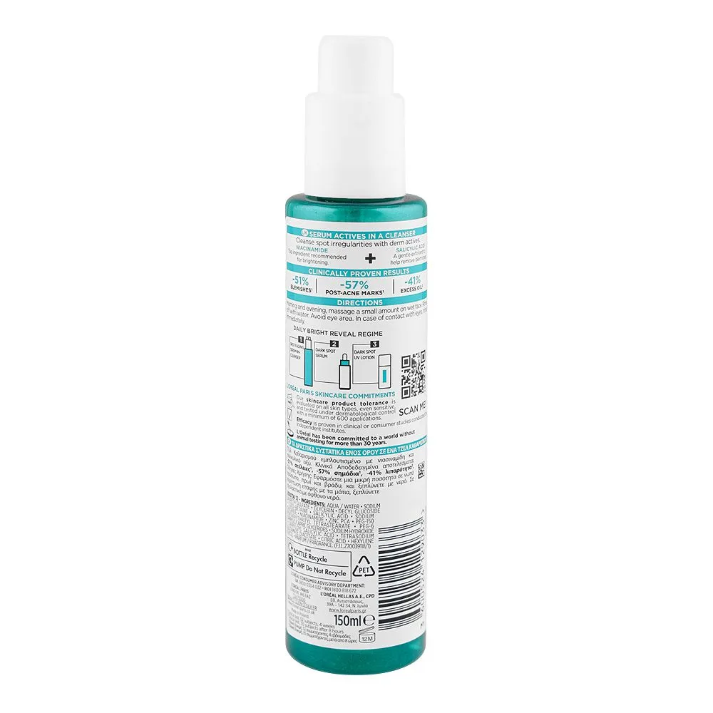 Side view of l'oreal bright reveal spot fading serum-in-cleanser, niacinamide & salicylic acid, for all skin types, 150ml