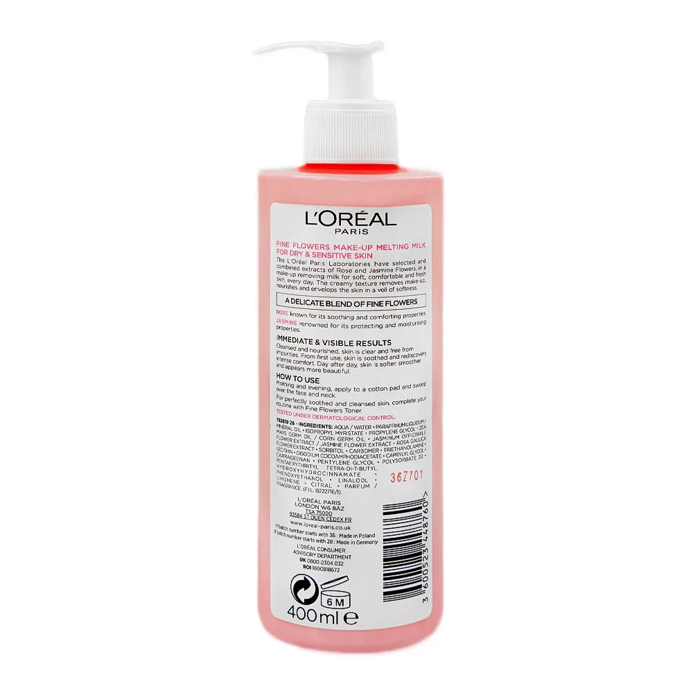 Side view of l'oreal paris fine flowers cleansing milk, for dry & sensitive skin, 400ml