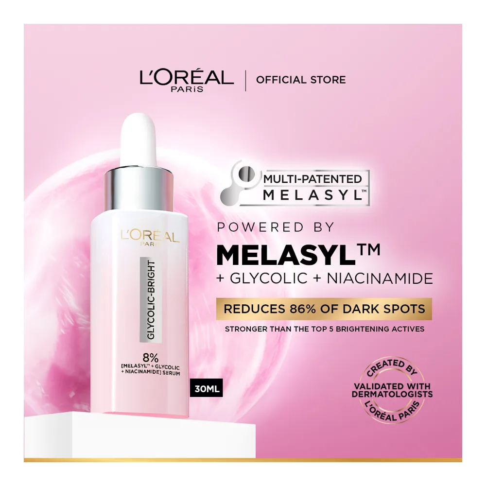 L'Oreal Paris Glycolic-Bright 8% Melasyl Anti-Dark Spot Brightening Serum, Glycolic + Niacinamide, For Sensitive Skin, 30ml