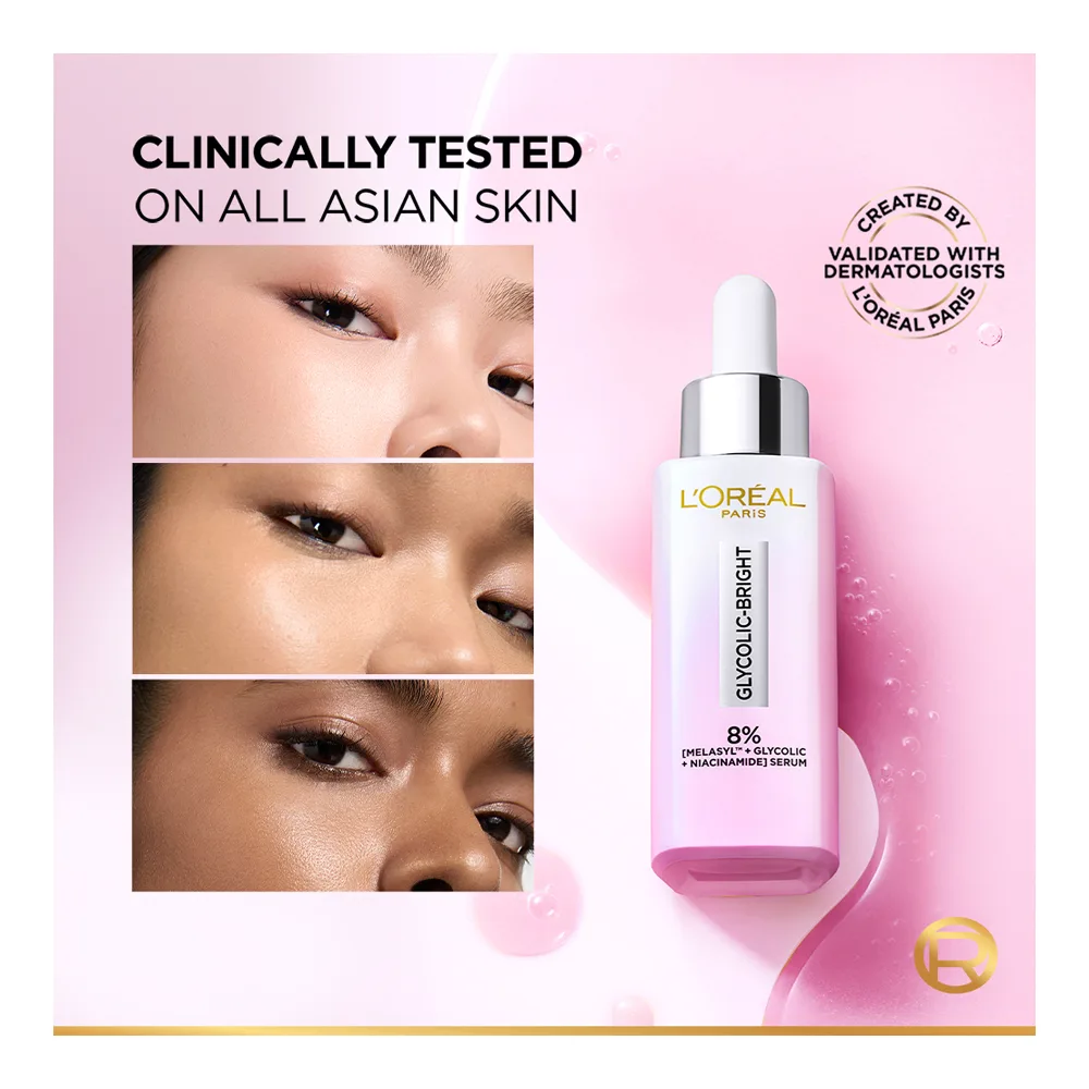 Comfortable casual l'oreal paris glycolic-bright 8% melasyl anti-dark spot brightening serum, glycolic + niacinamide, for sensitive skin, 30ml