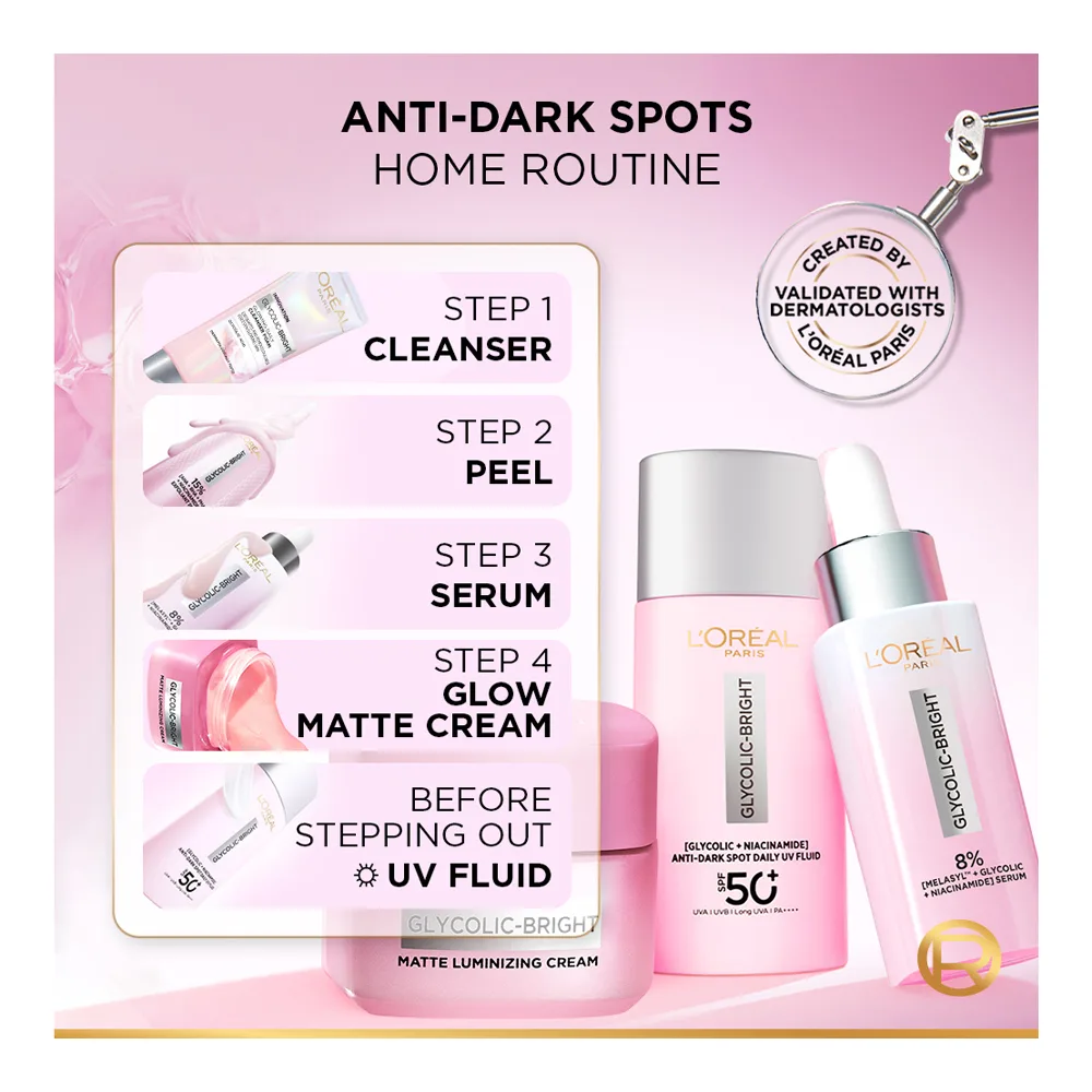 Premium everyday wear l'oreal paris glycolic-bright 8% melasyl anti-dark spot brightening serum, glycolic + niacinamide, for sensitive skin, 30ml