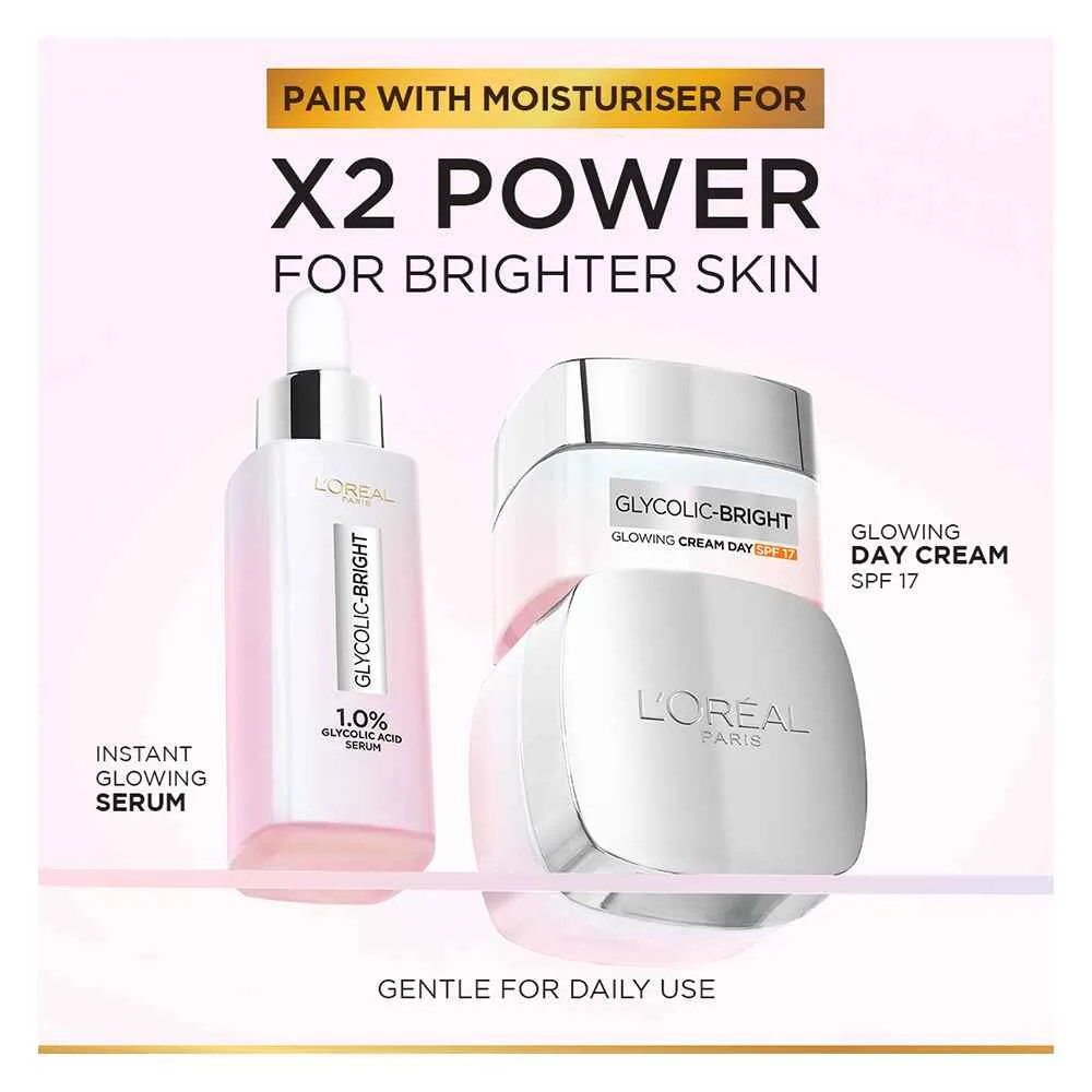 Close-up design of l'oreal paris glycolic bright glowing day cream, spf 17, 50ml