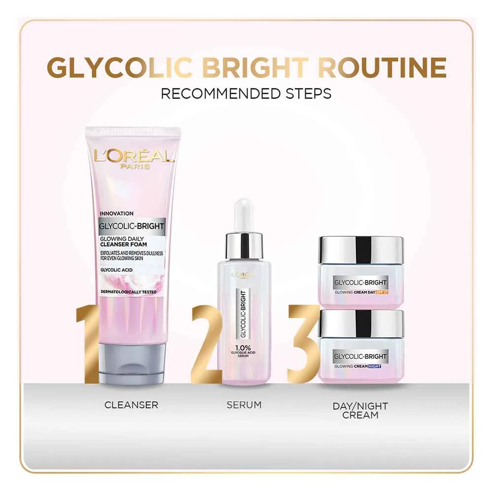 Front angle of l'oreal paris glycolic bright glowing day cream, spf 17, 50ml