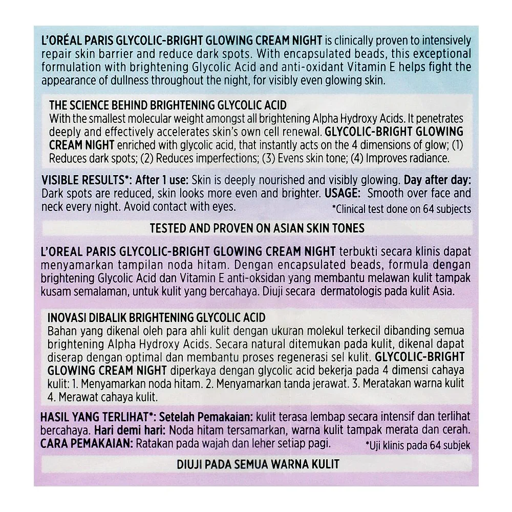 Side view of l'oreal paris glycolic-bright glowing night cream, 50ml