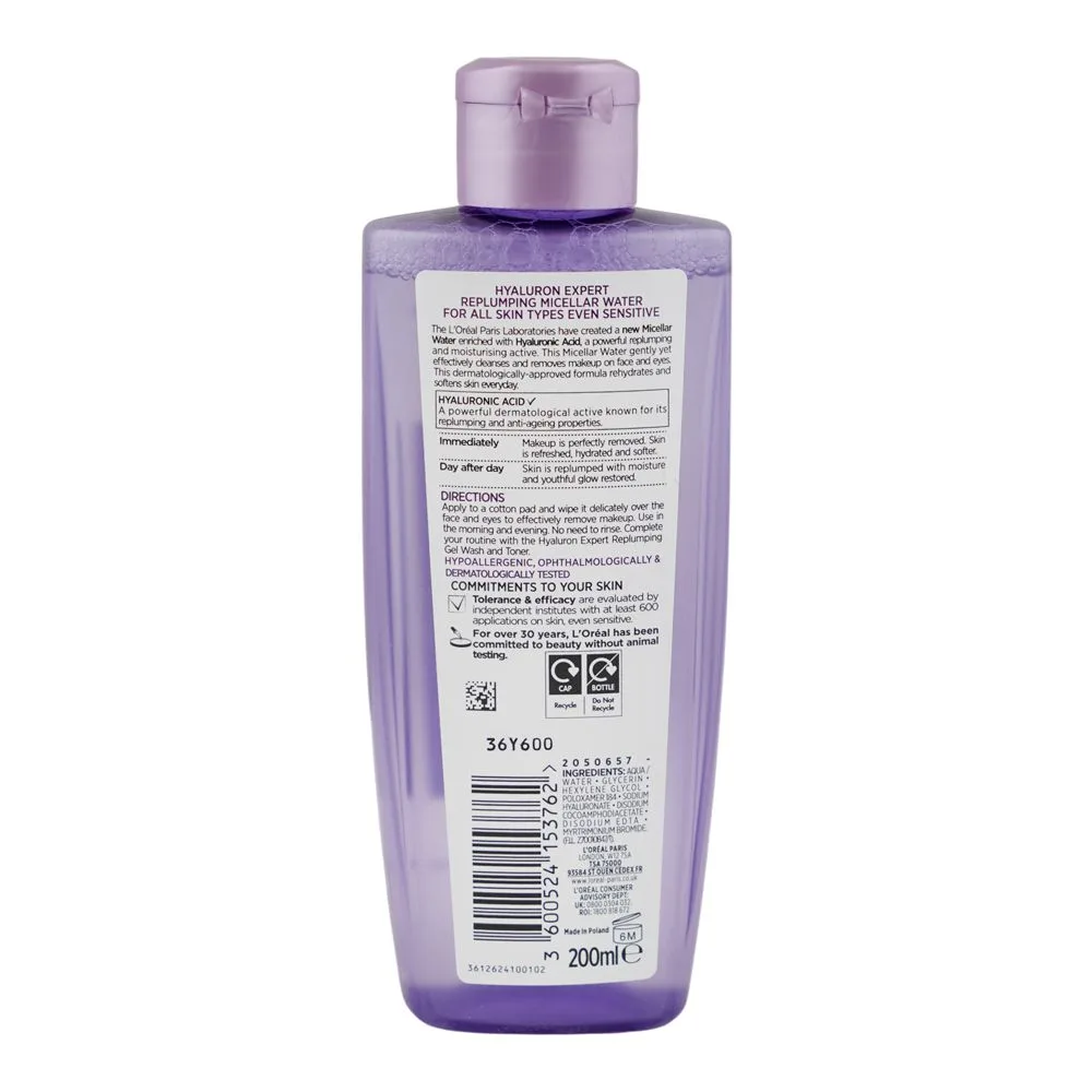 Side view of l'oreal paris hyaluron expert replumping micellar water, hyaluronic acid, for all types of skin, 200ml