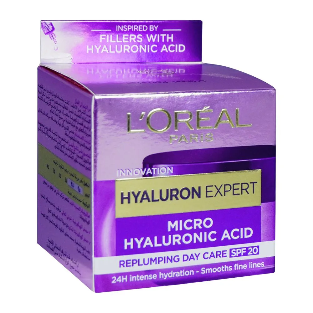 Side view of l'oreal paris hyaluron expert replumping moisturizing care day cream, spf 20, 50ml