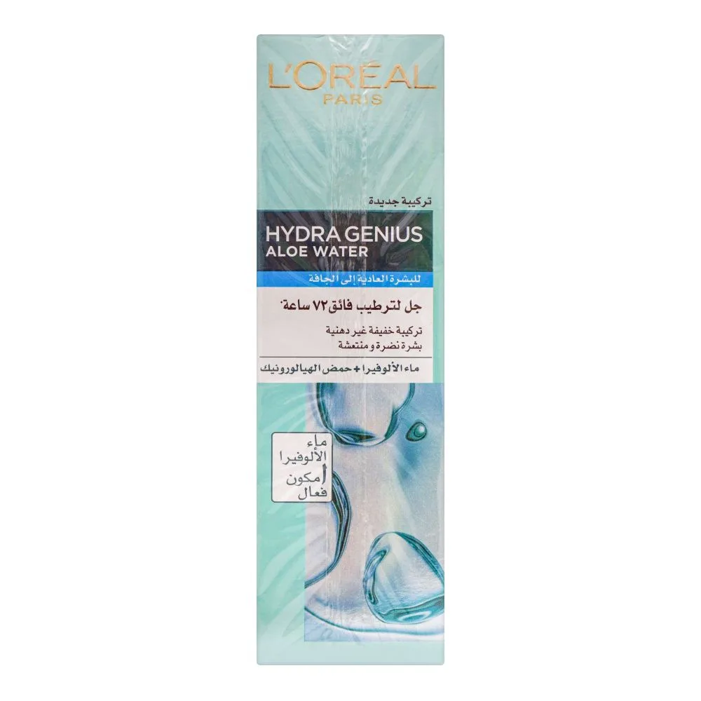 Side view of l'oreal paris hydra genius aloe water, normal to dry skin, 70ml
