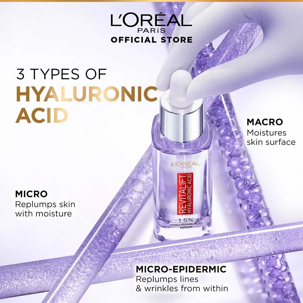 Side view of l'oreal paris innovation revitalift hyaluronic acid 1.5% hyaluron serum, 30ml - hydrating, anti-aging, glass skin