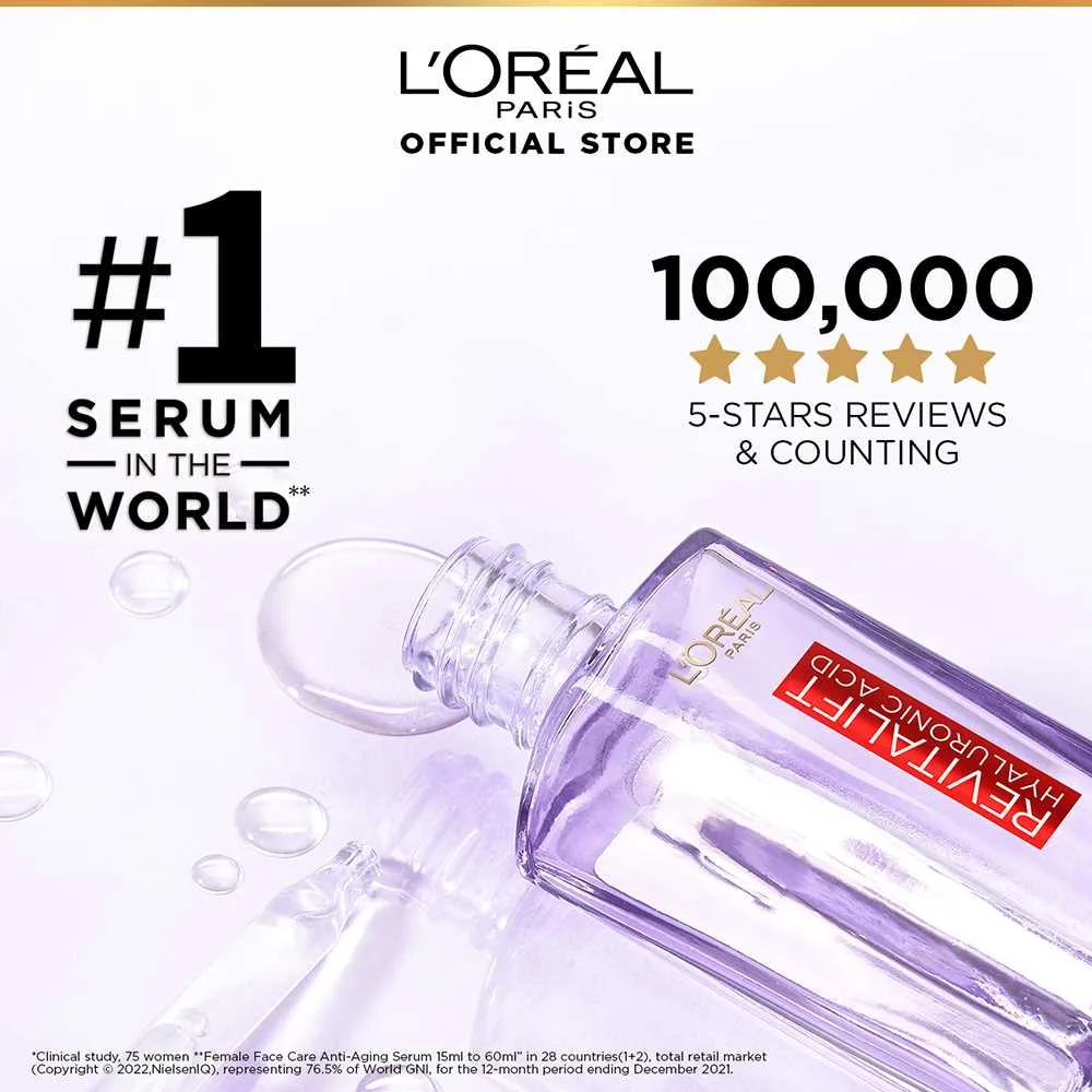 Front angle of l'oreal paris innovation revitalift hyaluronic acid 1.5% hyaluron serum, 30ml - hydrating, anti-aging, glass skin