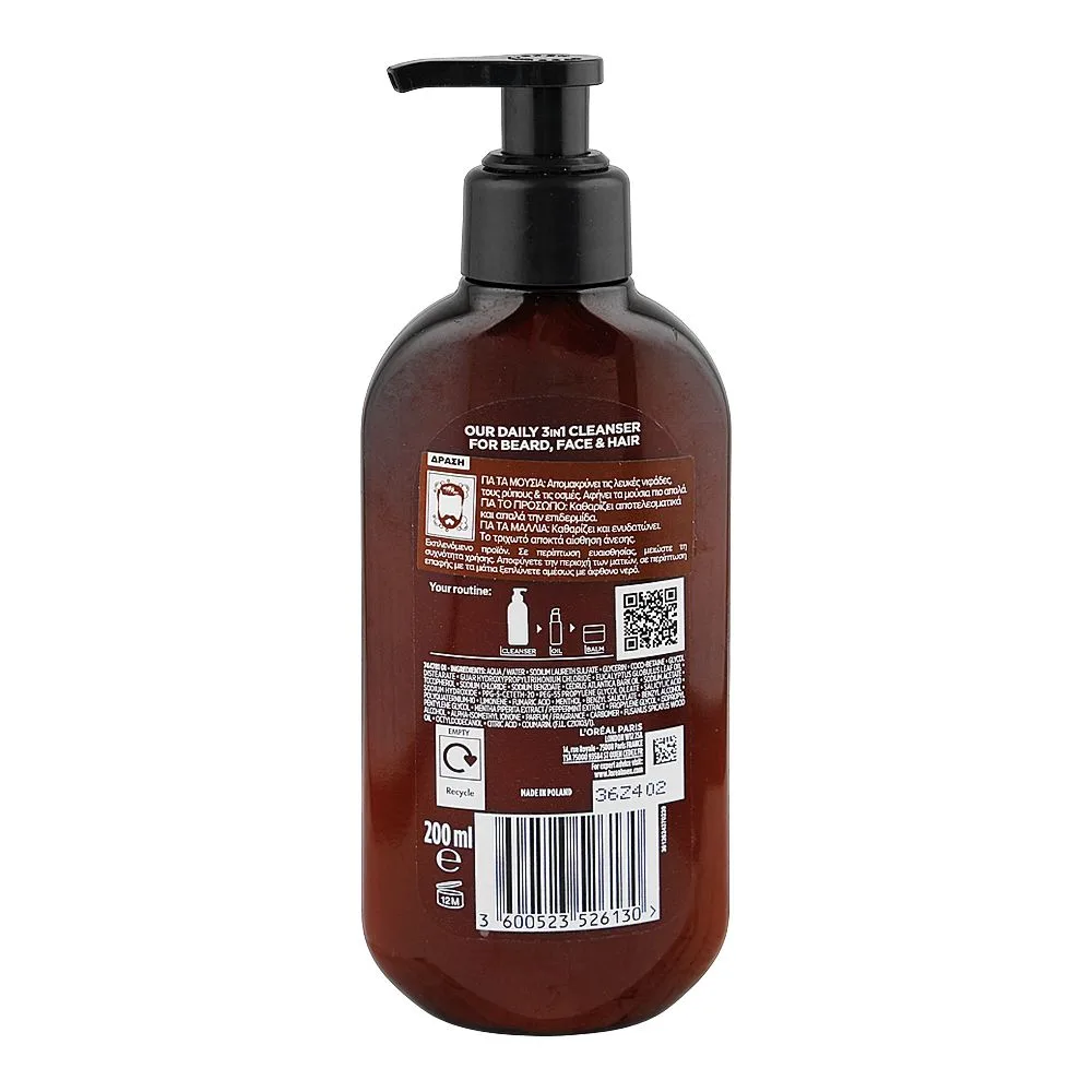 Side view of l'oreal paris men expert barber club 3-in-1 beard, face & hair wash, cedarwood oil + peppermint extract, 200ml