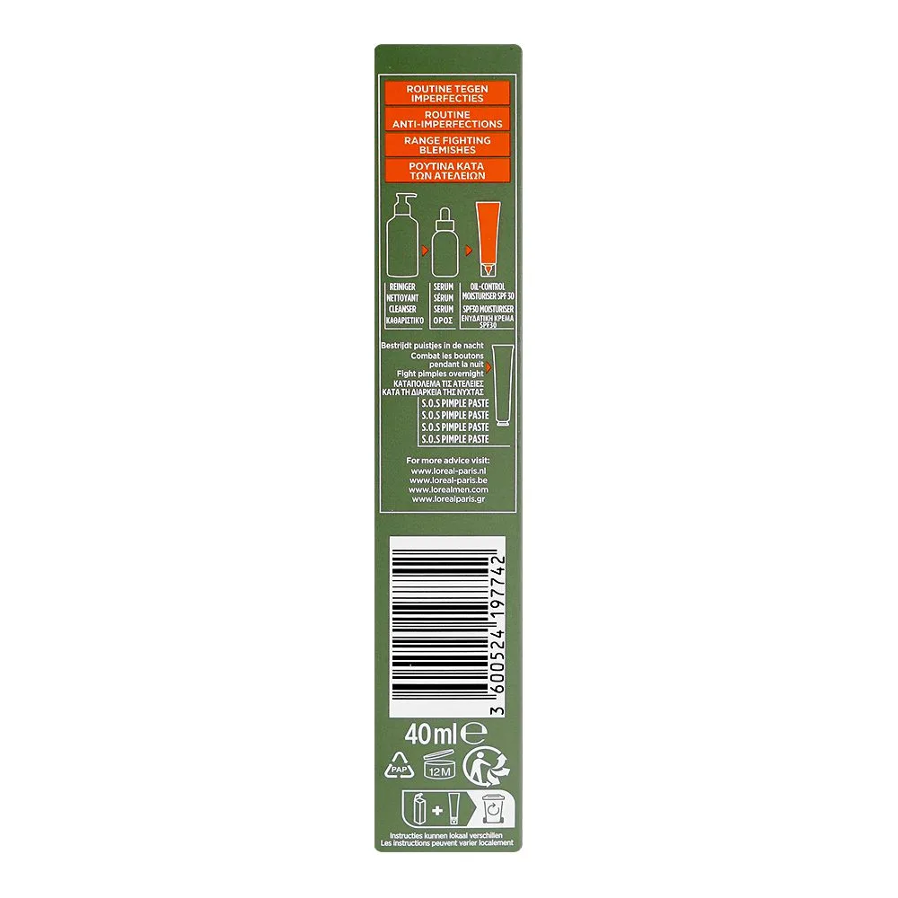 Side view of l'oreal paris men expert derma control oil-control moisturizer, spf30, niacinamide, for oily skin, 40ml