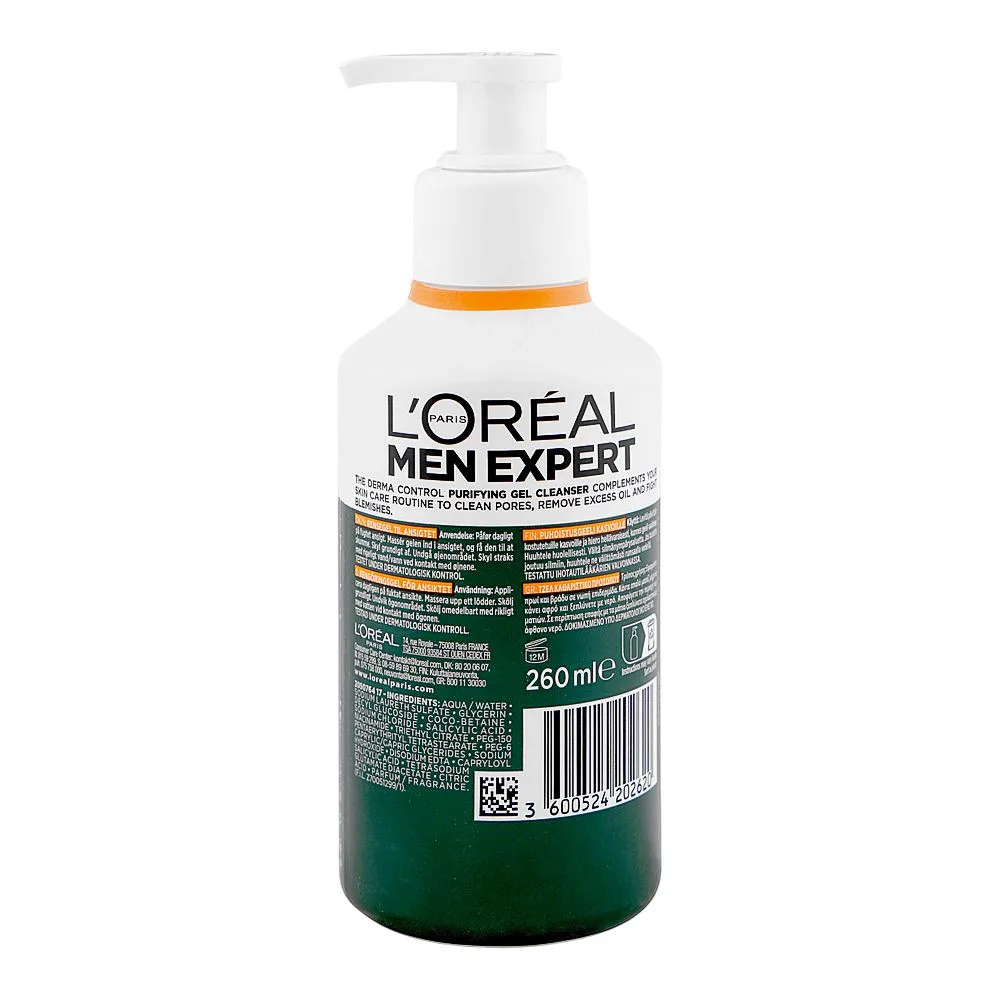 Side view of l'oreal paris men expert derma control purifying gel cleanser, salicylic acid, niacinamide, for oily skin, 260ml