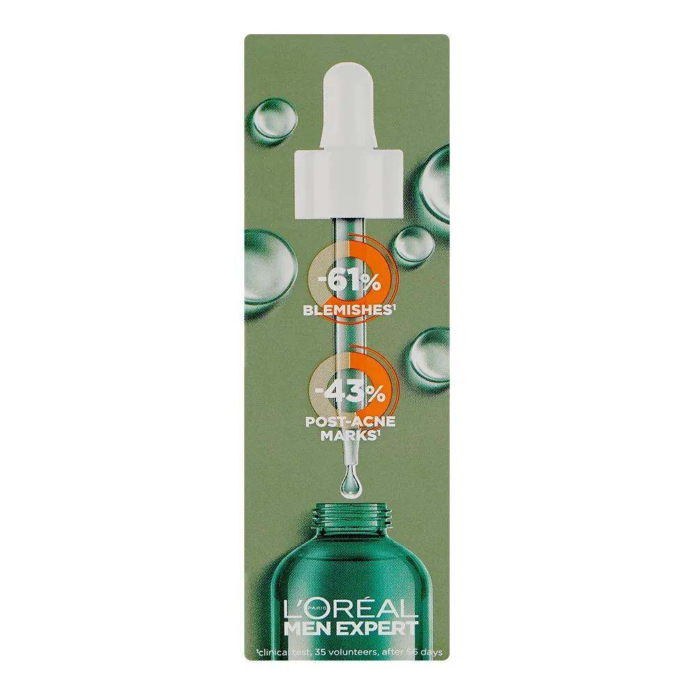 Side view of l'oreal paris men expert innovation derma control niacinamide anti-blemish serum, niacinamide, salicylic acid, for oily skin, 30ml