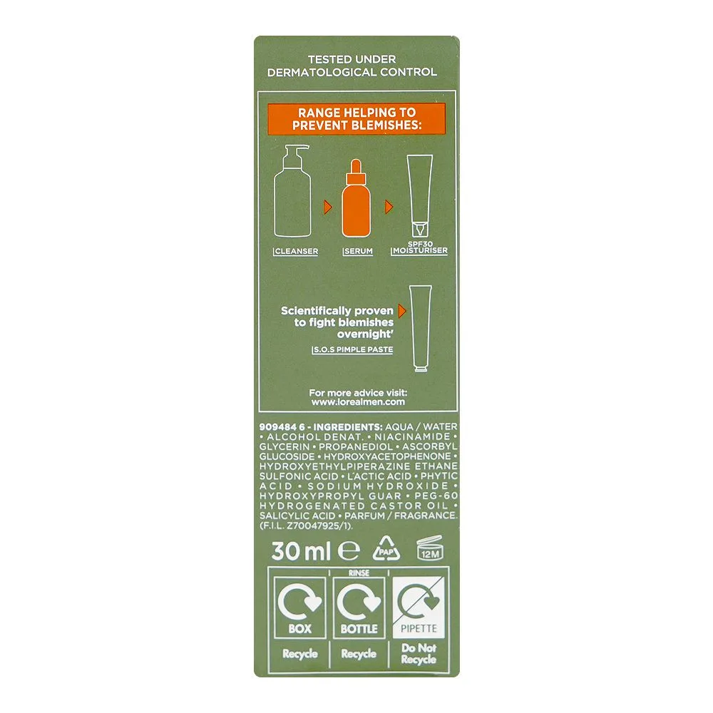 Comfortable casual l'oreal paris men expert innovation derma control niacinamide anti-blemish serum, niacinamide, salicylic acid, for oily skin, 30ml