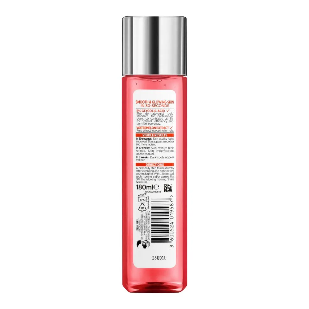 Side view of l'oreal paris revitalift 5% pure glycolic acid peeling toner, suitable for sensitive skin, 180ml