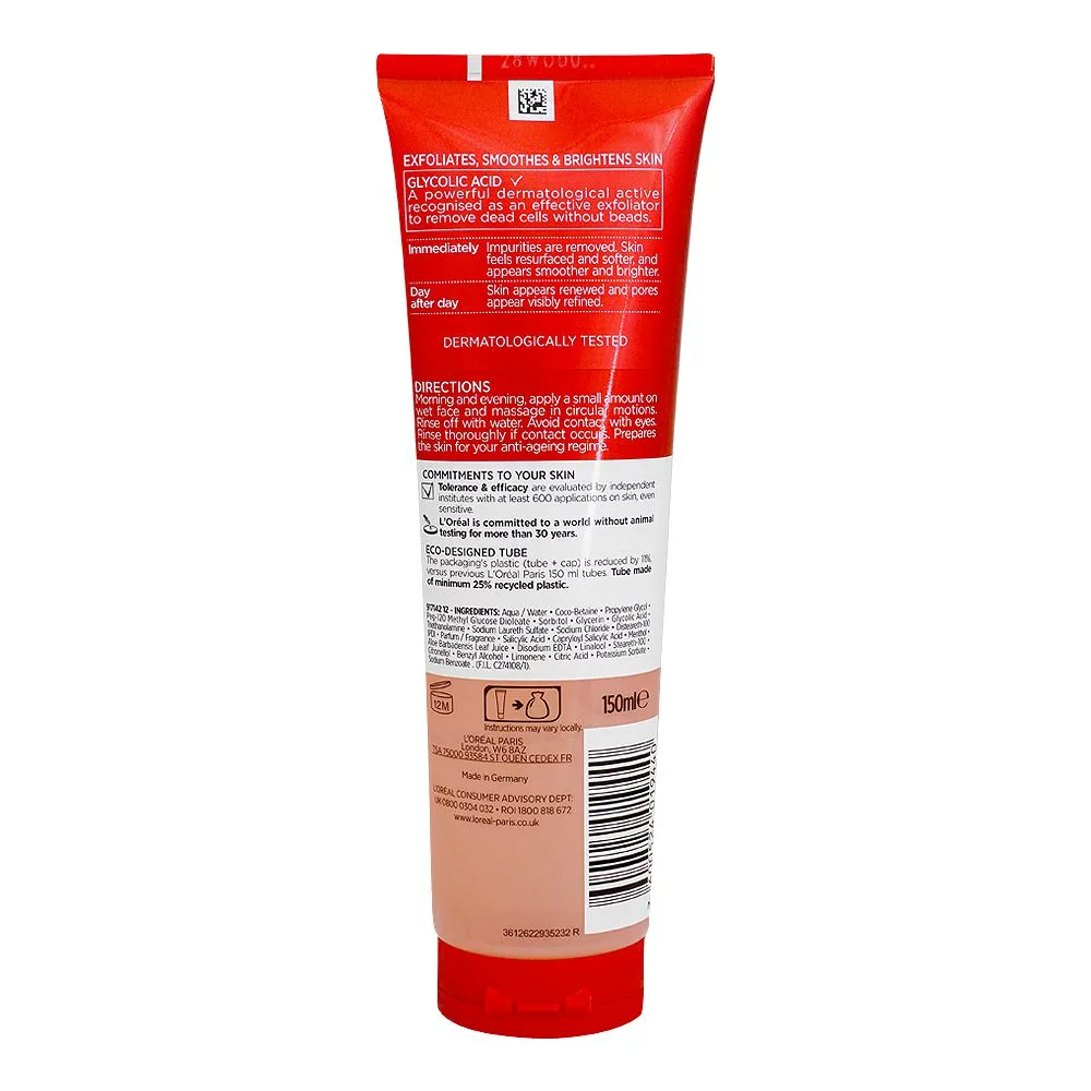 Side view of l'oreal paris revitalift anti-aging 3.5 glycolic acid resurfacing gel wash, 150ml