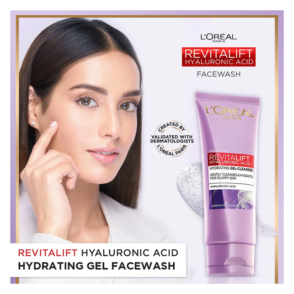 Side view of l'oreal paris revitalift hyaluronic acid hydrating gel facewash, 100ml