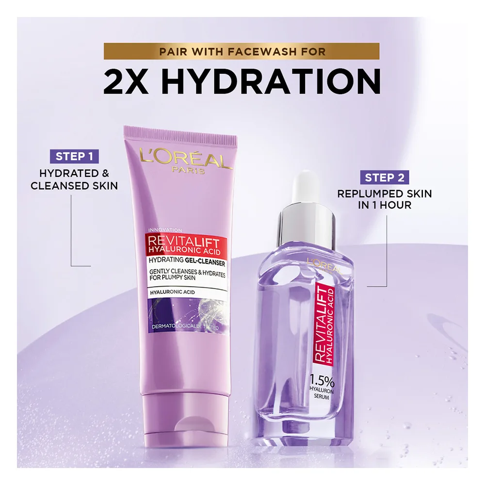 Close-up design of l'oreal paris revitalift hyaluronic acid hydrating gel facewash, 100ml