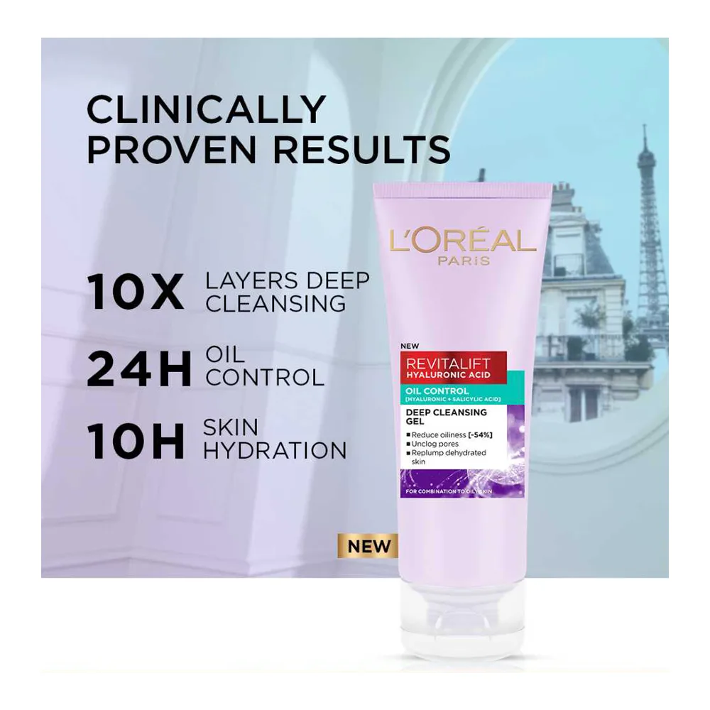 L'Oreal Paris Revitalift Hyaluronic Acid Oil Control Deep Cleansing Gel, Hyaluronic & Salicylic Acid, For Oily Skin, 100ml