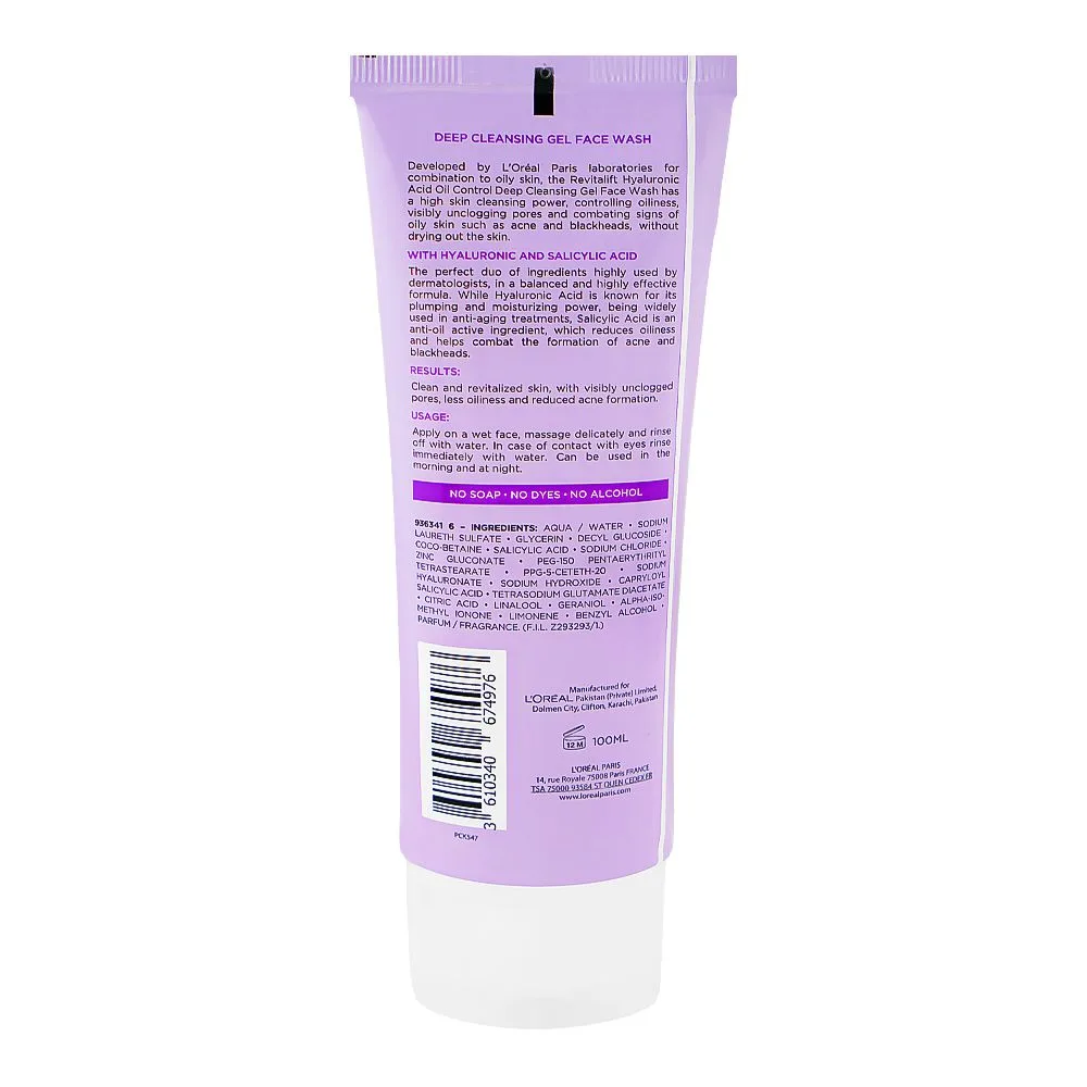Close-up design of l'oreal paris revitalift hyaluronic acid oil control deep cleansing gel, hyaluronic & salicylic acid, for oily skin, 100ml