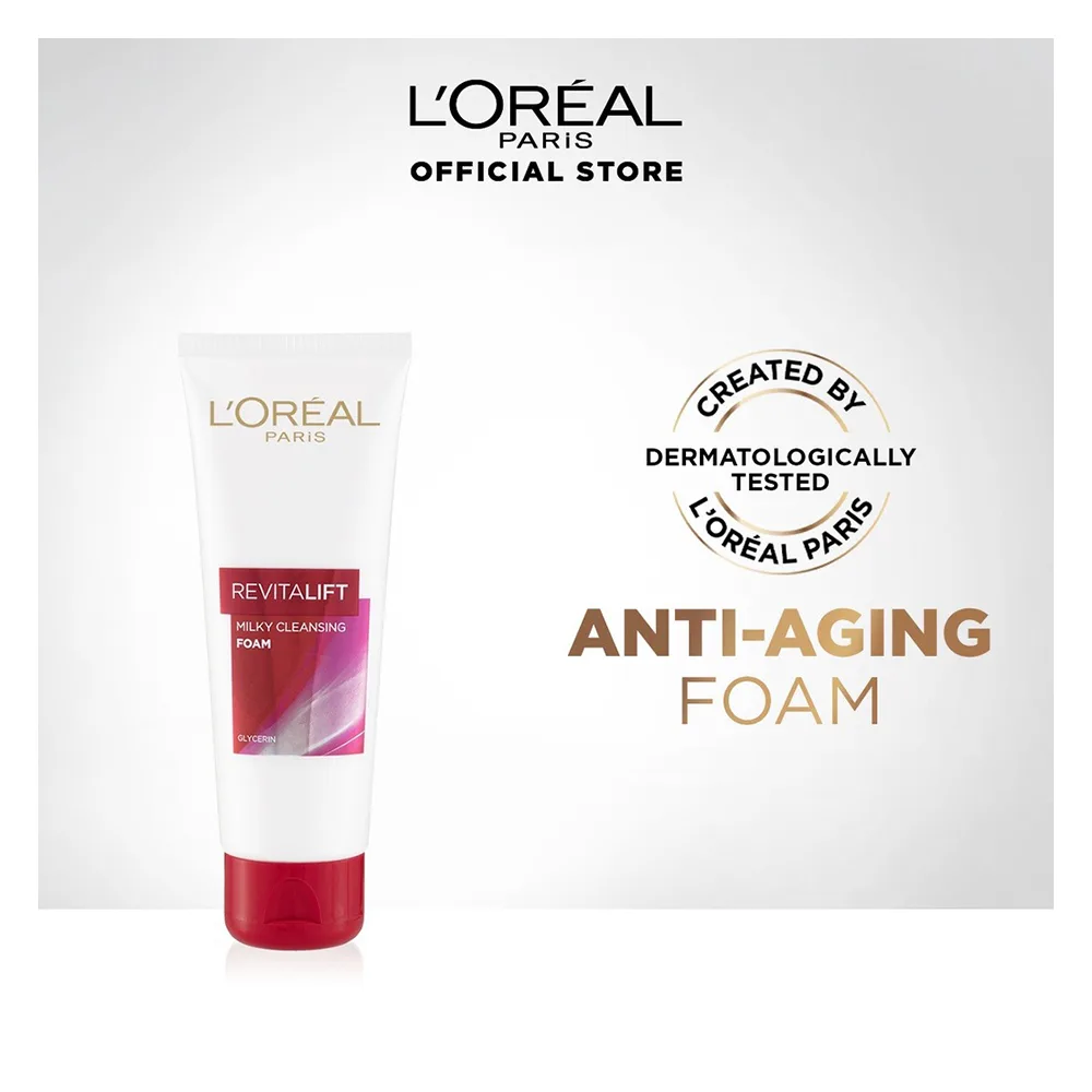 Close-up design of l'oreal paris revitalift milky cleansing foam, 100ml