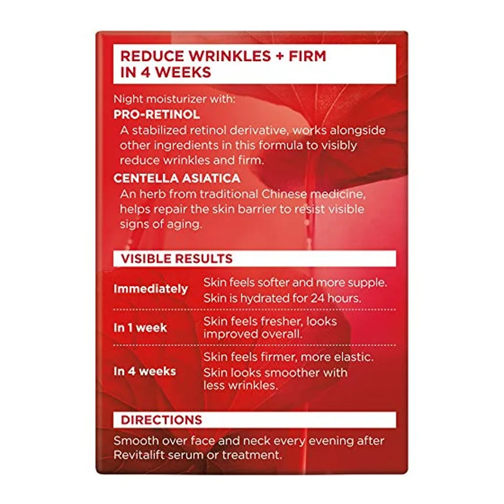 Side view of l'oreal paris revitalift moisturizing night cream, anti-wrinkle cream, intense action, 50ml