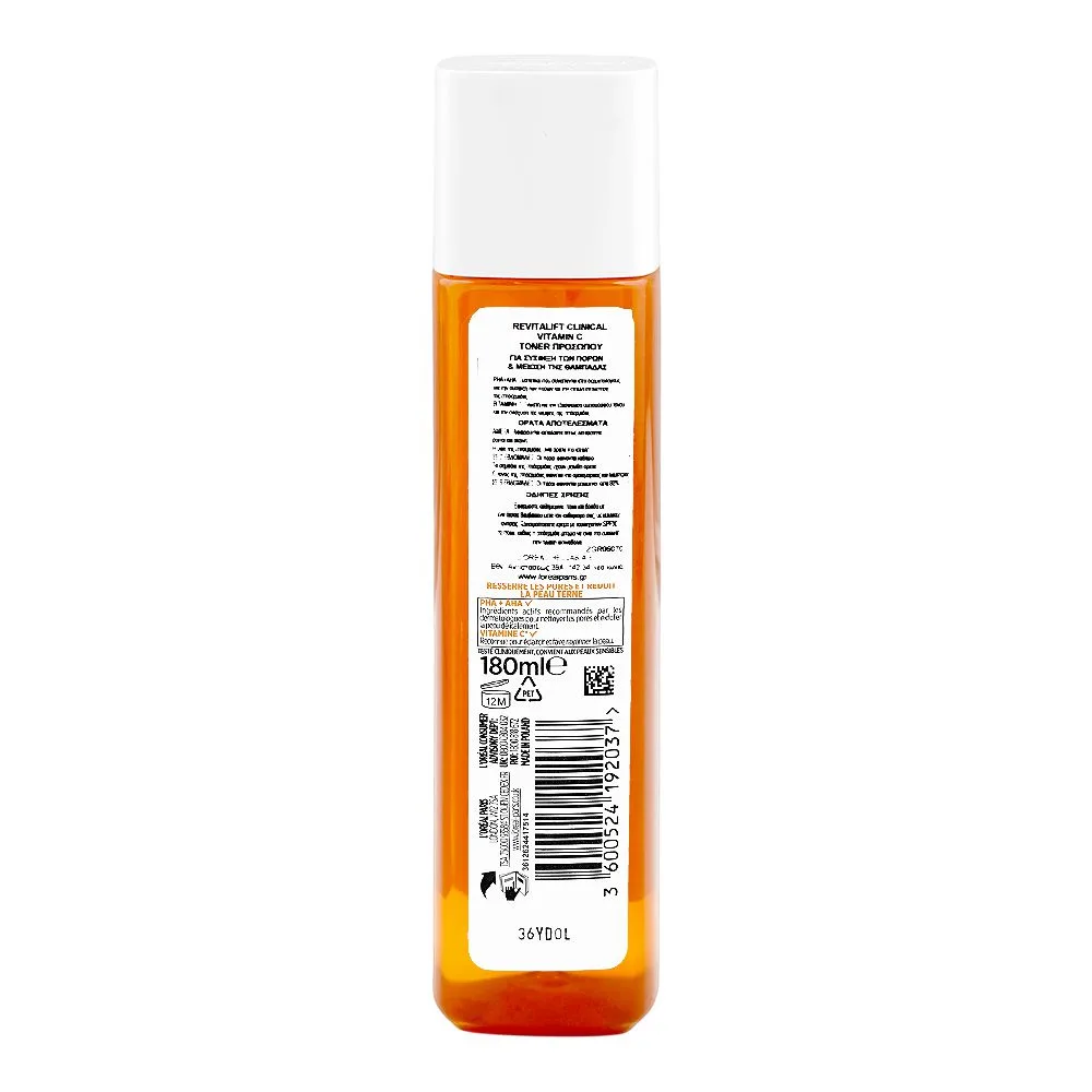 Side view of l'oreal paris revitalift pore perfecting peeling toner, 1.4% pha + aha + vitamin c, for sensitive skin, 180ml