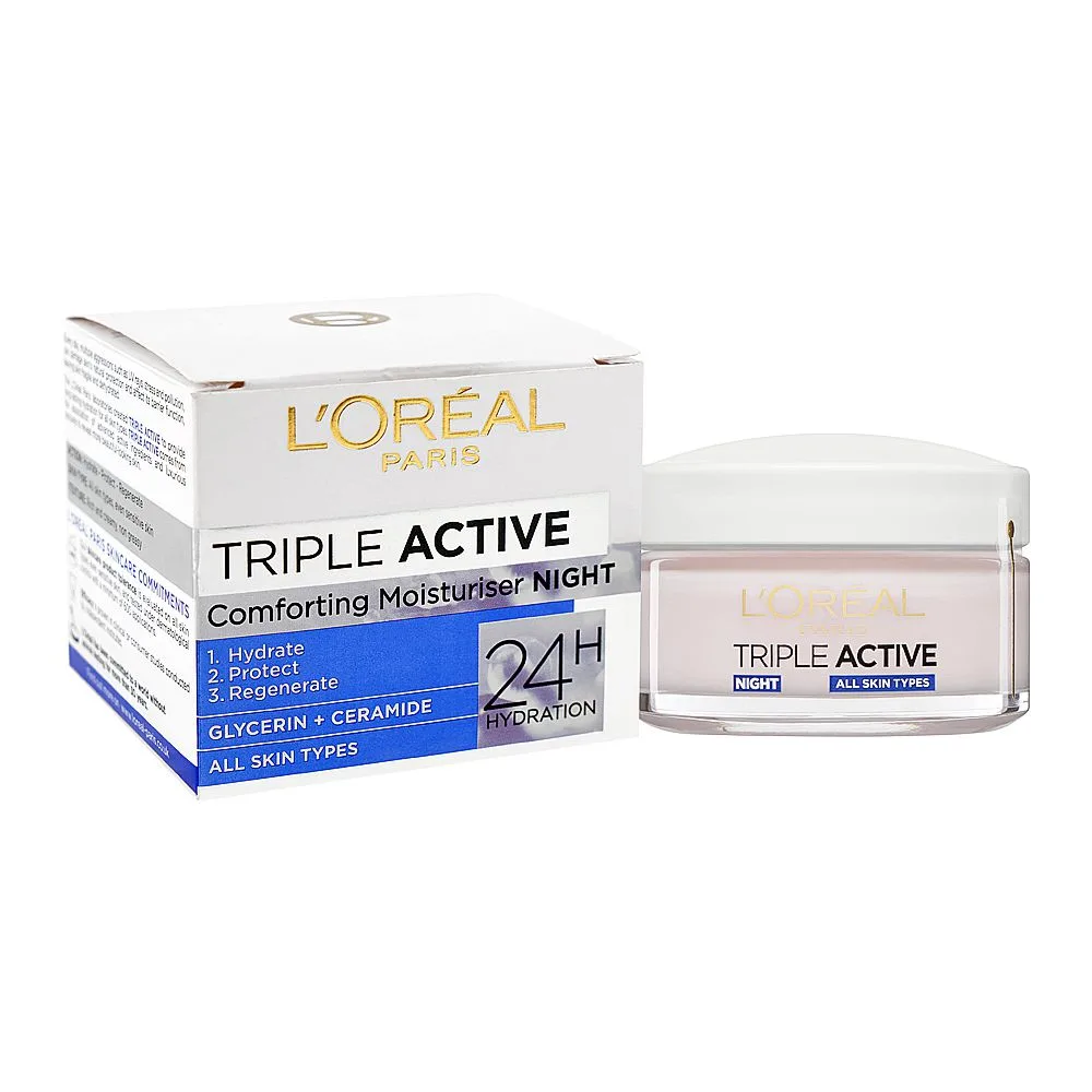 L'Oreal Paris Triple Active 24H Comforting Moisturizer Night Cream, Glycerin, Ceramide, For All Types Of Skin, 50ml