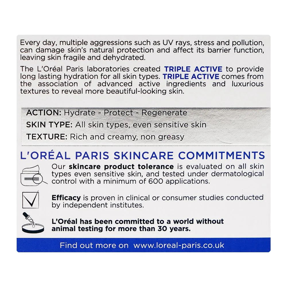 Side view of l'oreal paris triple active 24h comforting moisturizer night cream, glycerin, ceramide, for all types of skin, 50ml