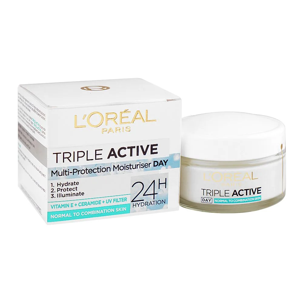 L'Oreal Paris Triple Active 24H Multi-Protection Moisturizer Day Cream, Vitamin E, Ceramide, UV Filter, For Combination Skin, 50ml