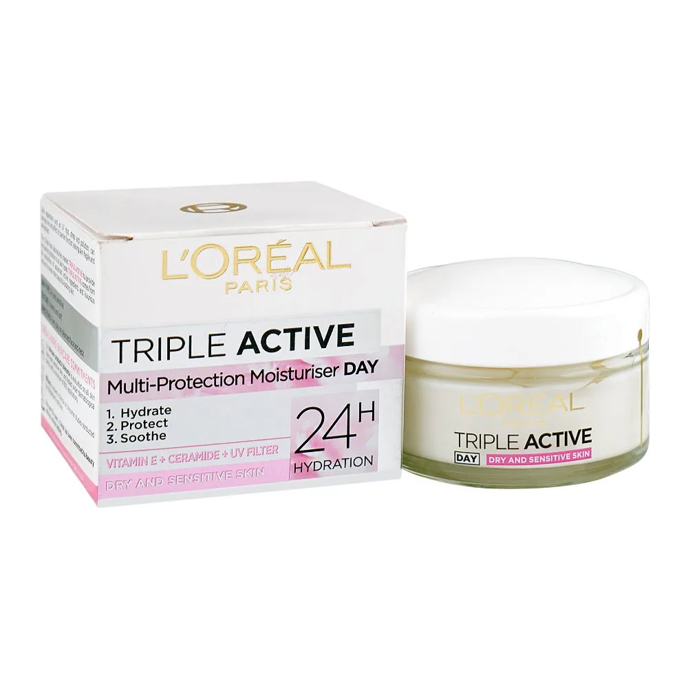 L'Oreal Paris Triple Active 24H Multi-Protection Moisturizer Day Cream, Vitamin E, Ceramide, UV Filter, For Dry & Sensitive Skin, 50ml