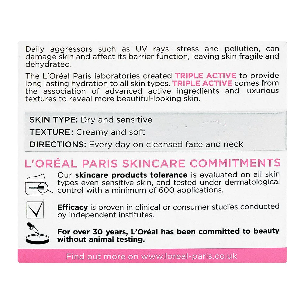 Side view of l'oreal paris triple active 24h multi-protection moisturizer day cream, vitamin e, ceramide, uv filter, for dry & sensitive skin, 50ml