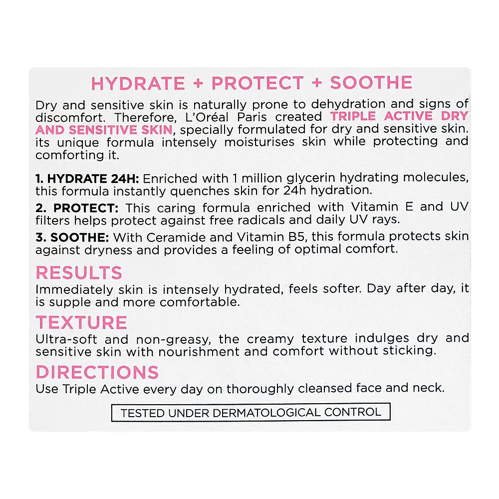 Comfortable casual l'oreal paris triple active 24h multi-protection moisturizer day cream, vitamin e, ceramide, uv filter, for dry & sensitive skin, 50ml