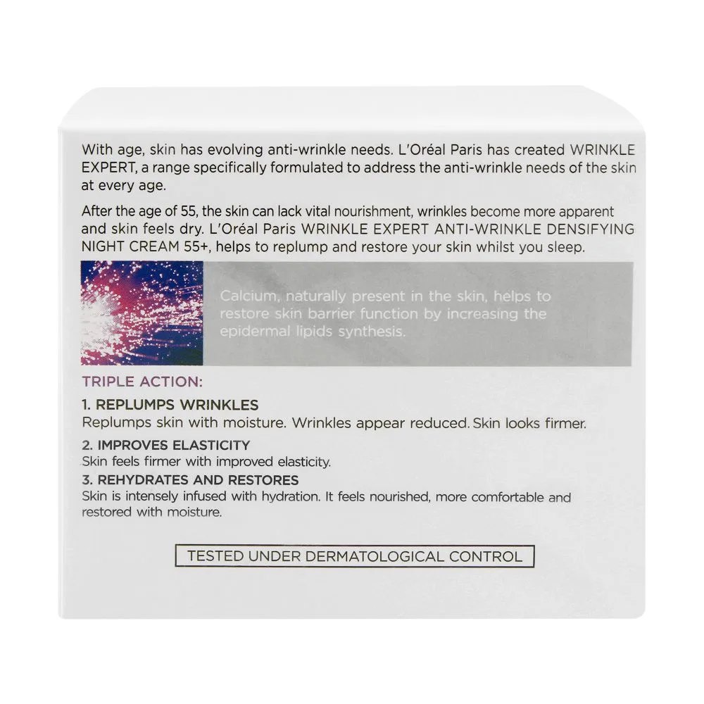 Side view of l'oreal paris wrinkle expert anti-wrinkle restoring day cream, 55+ calcium, 50ml