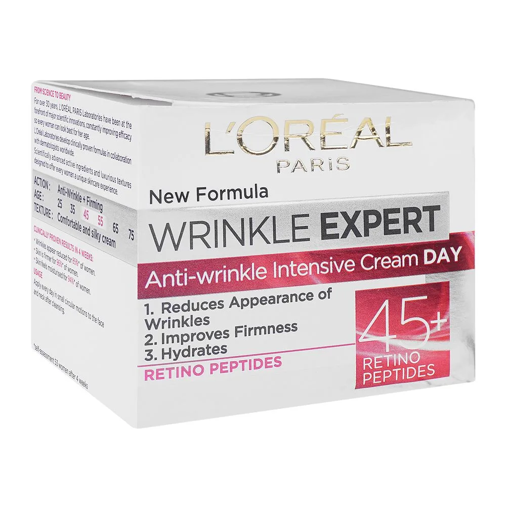 Side view of l'oreal wrinkle expert 45+retino peptides anti-wrinkle firming day cream, 50ml