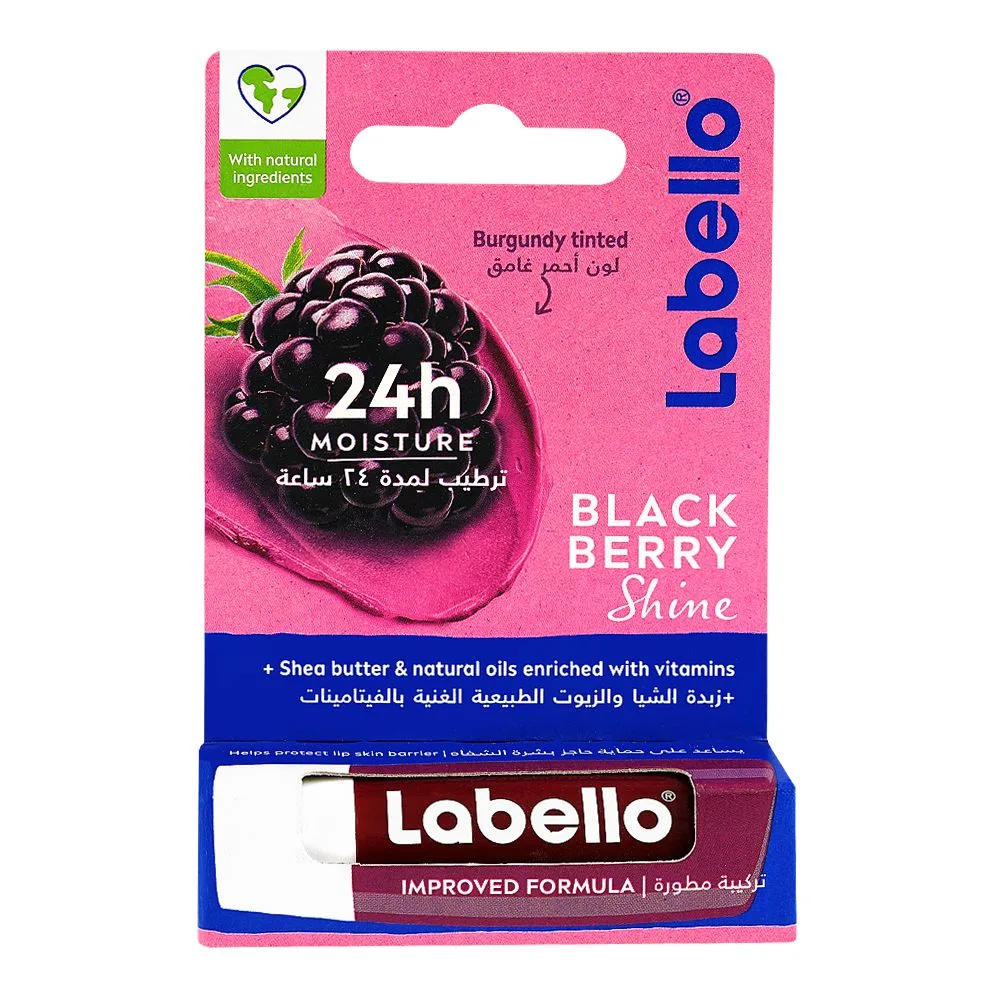 Side view of labello blackberry shine lip balm, 4.8g