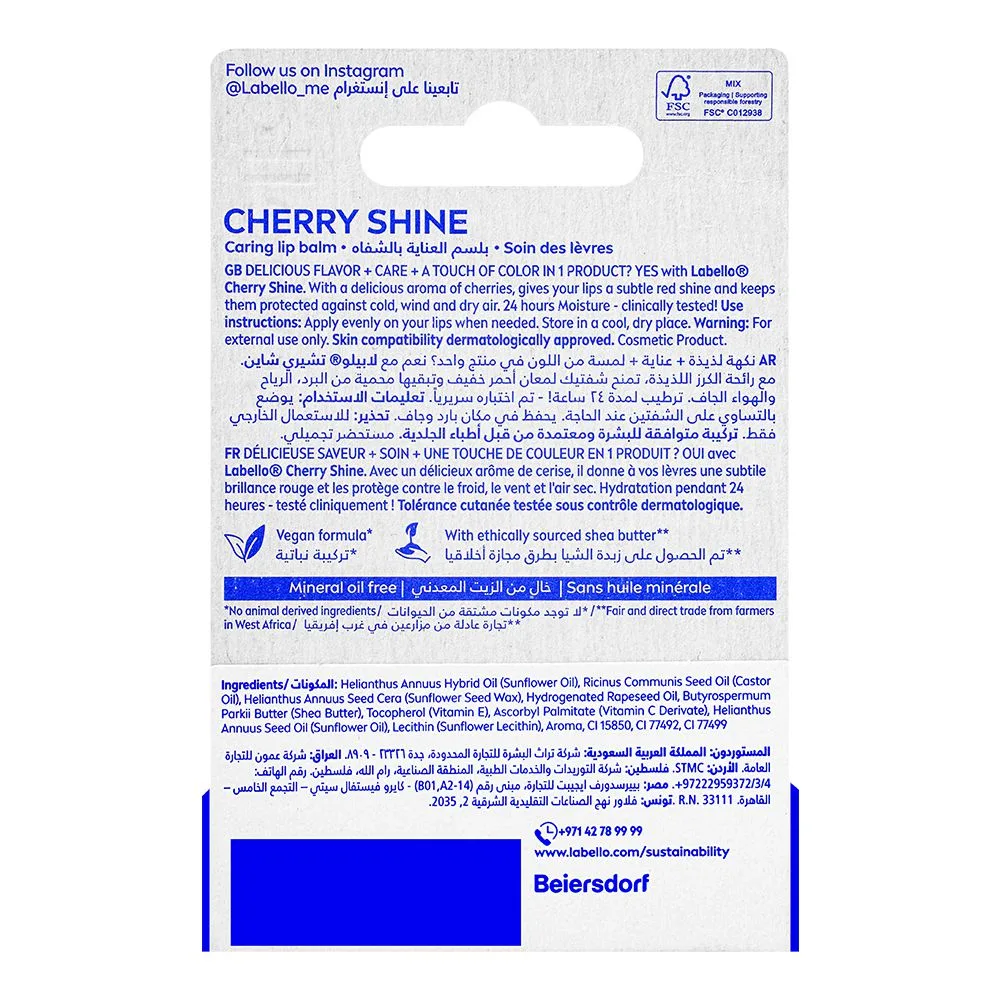Side view of labello cherry shine caring lip balm, 4.8g